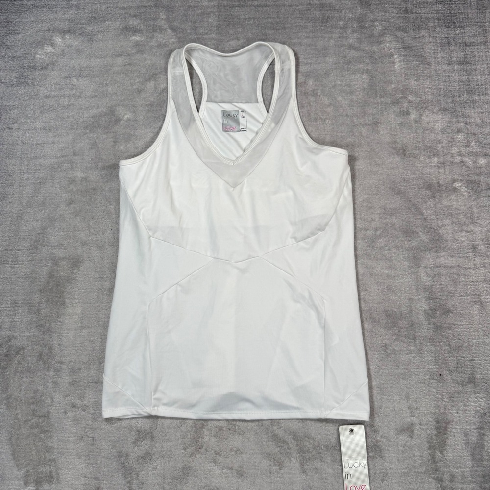 Lucky in Love Tank Top Womens L White V-Neck Mesh Racerback Tennis VaporTex NWT